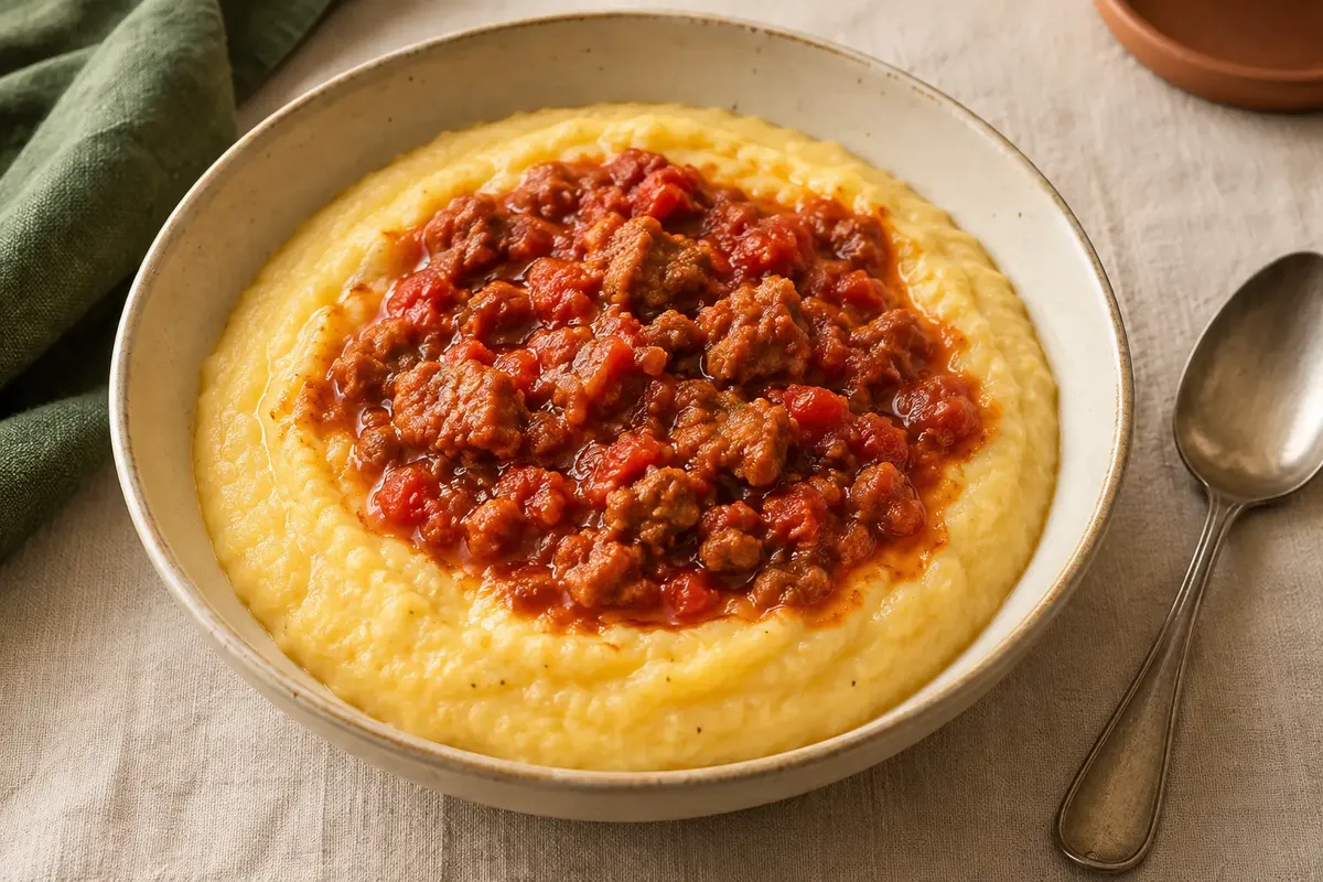 Polenta cremosa dourada com ragù de linguiça ao centro em tigela de cerâmica clara.