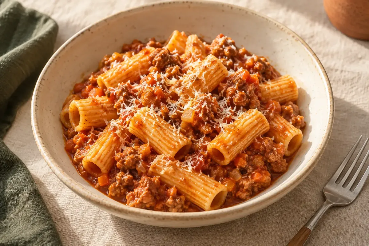 Rigatoni envolvido em ragù de linguiça e tomate, finalizado com parmesão em prato de cerâmica clara.