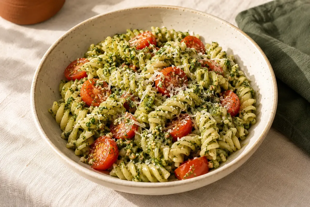 Fusilli com pesto verde de manjericão, metades de tomate-cereja e parmesão em tigela clara.