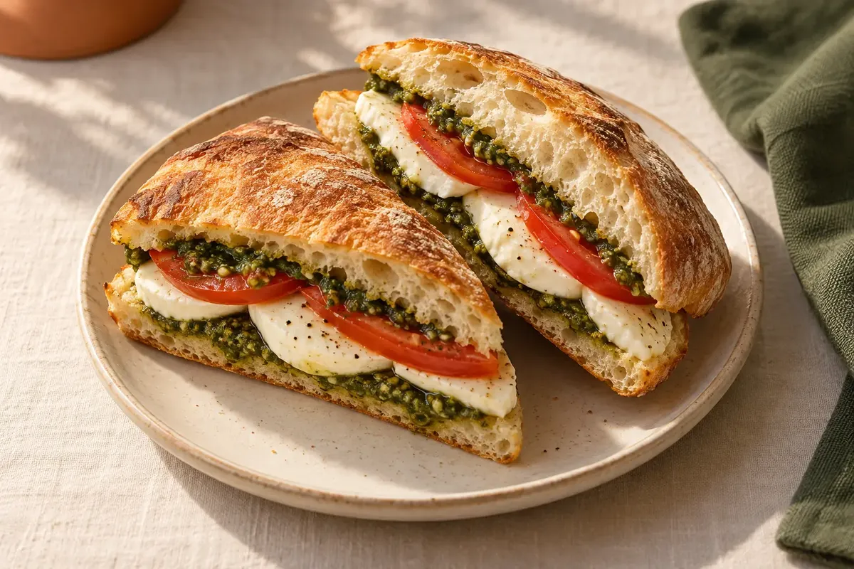 Sanduíche de ciabatta cortado ao meio com muçarela fresca, tomate e pesto verde.