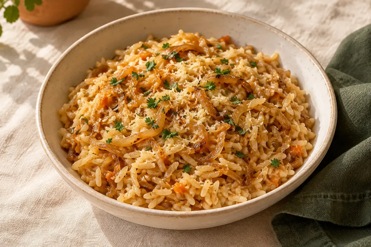 Arroz de grãos longos cremoso com molho de cebola dourada e salsinha em prato fundo claro.