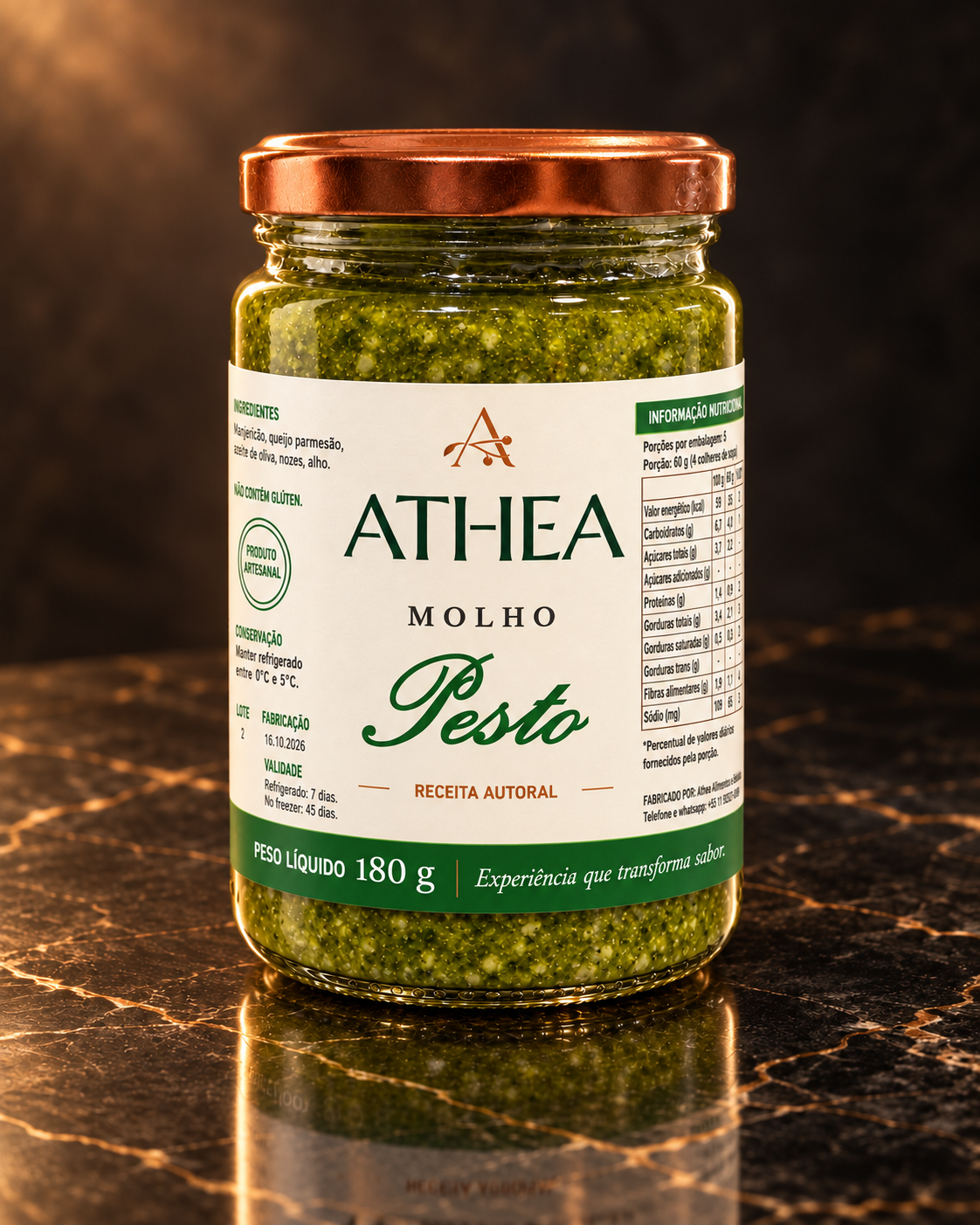 Pote do Molho Pesto ATHEA, 180 g, sobre mármore escuro