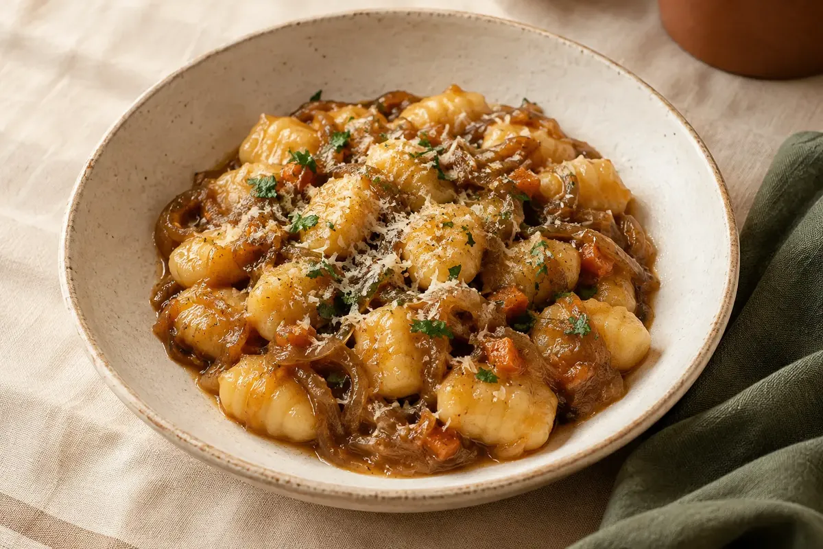 Nhoque de batata com molho âmbar de cebolas cozidas, parmesão e pequenos pedaços de salsinha.