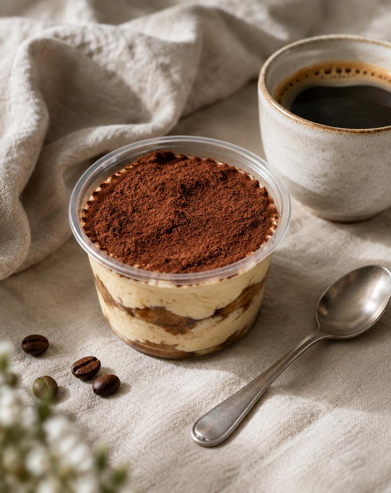 Tiramissu servido com café